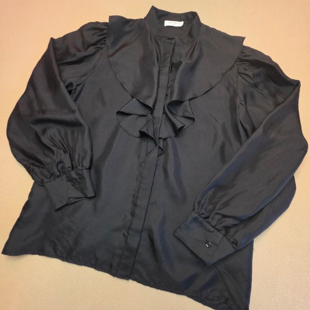 Sandro Paris Gemilla Jabot Collar Ruffle Silk Blouse Black Sz 0 100% Silk